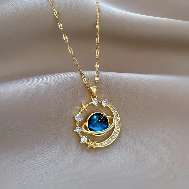 Stainless Steel Necklace with Planet Shape Pendant and Starry Sky, Elegant and Versatile