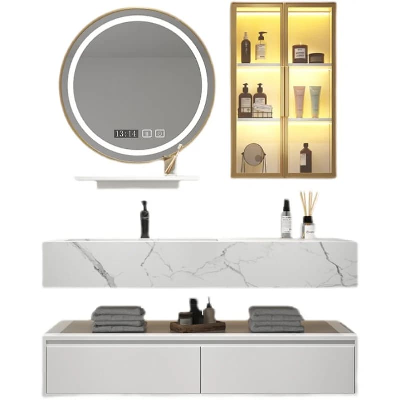 Combinazione di mobili da bagno con lavabo integrato Rock-plate, armadietto con specchio con rilevamento intelligente, lavabo da bagno in rovere