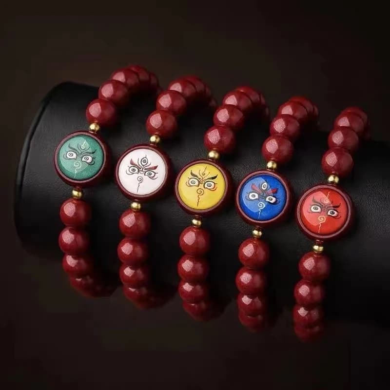Bracciale in sabbia d'oro viola naturale ad alto contenuto, con i Cinque Dei della Ricchezza, con mantra Tangka e perline