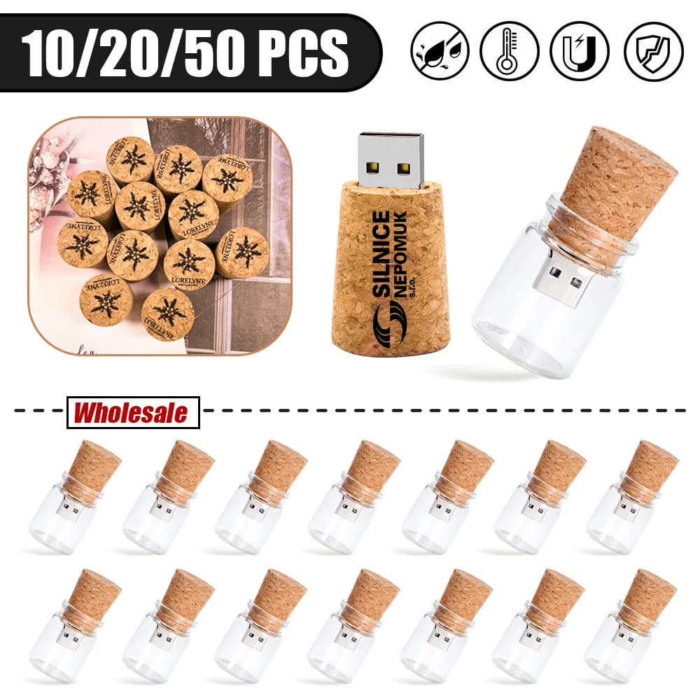 10/20/50 PEZZI/LOTTO Chiavetta USB 2.0 a Forma di Bottiglia in Vetro con LOGO Personalizzabile, Pen Drive da 2GB 4GB 8GB 16GB 32GB, Regali per Fotografi