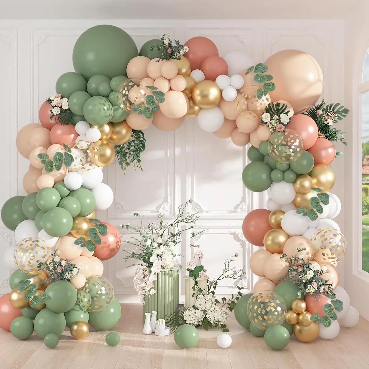 Kit Arco di Palloncini in Lattice Verde Salvia e Rosa Nude con Foglie per Decorazioni Tropicali per Matrimoni, Baby Shower, Compleanni e Feste in Giardino