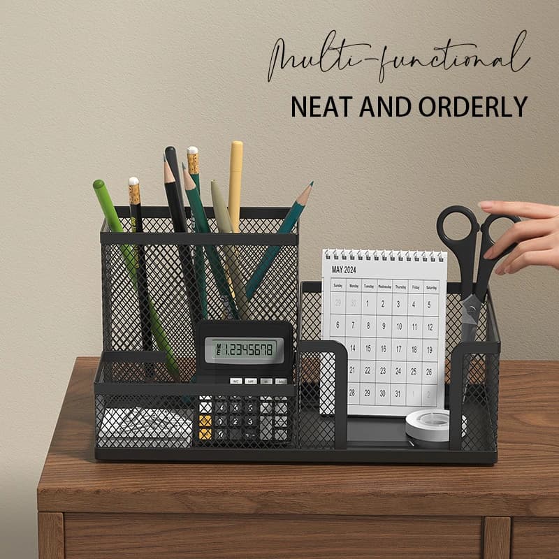 Network desk organizer for Caddy office supplies with pen holders and storage baskets for desk accessories, 3 compartments, black