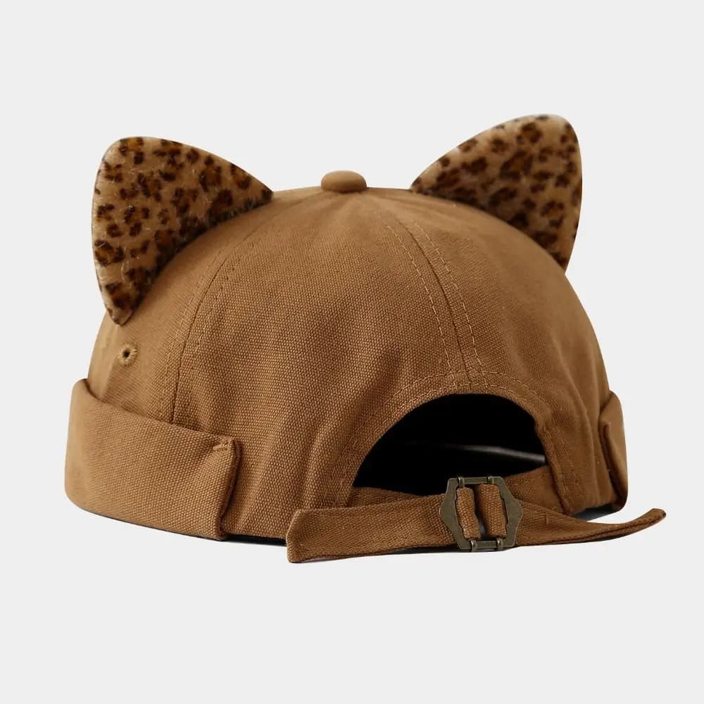 Cute Leopard Print Cat Ears Brimless Hat Rolled Cuff Adjustable Cat-eared Hat Solid Color Docker Cap Unisex