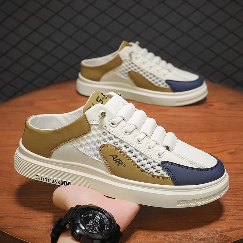 2024 nuove mezze pantofole scarpe da uomo in rete tendenza moda estiva scarpe Casual traspiranti all'aperto bianche Slip On Sneakers per studenti