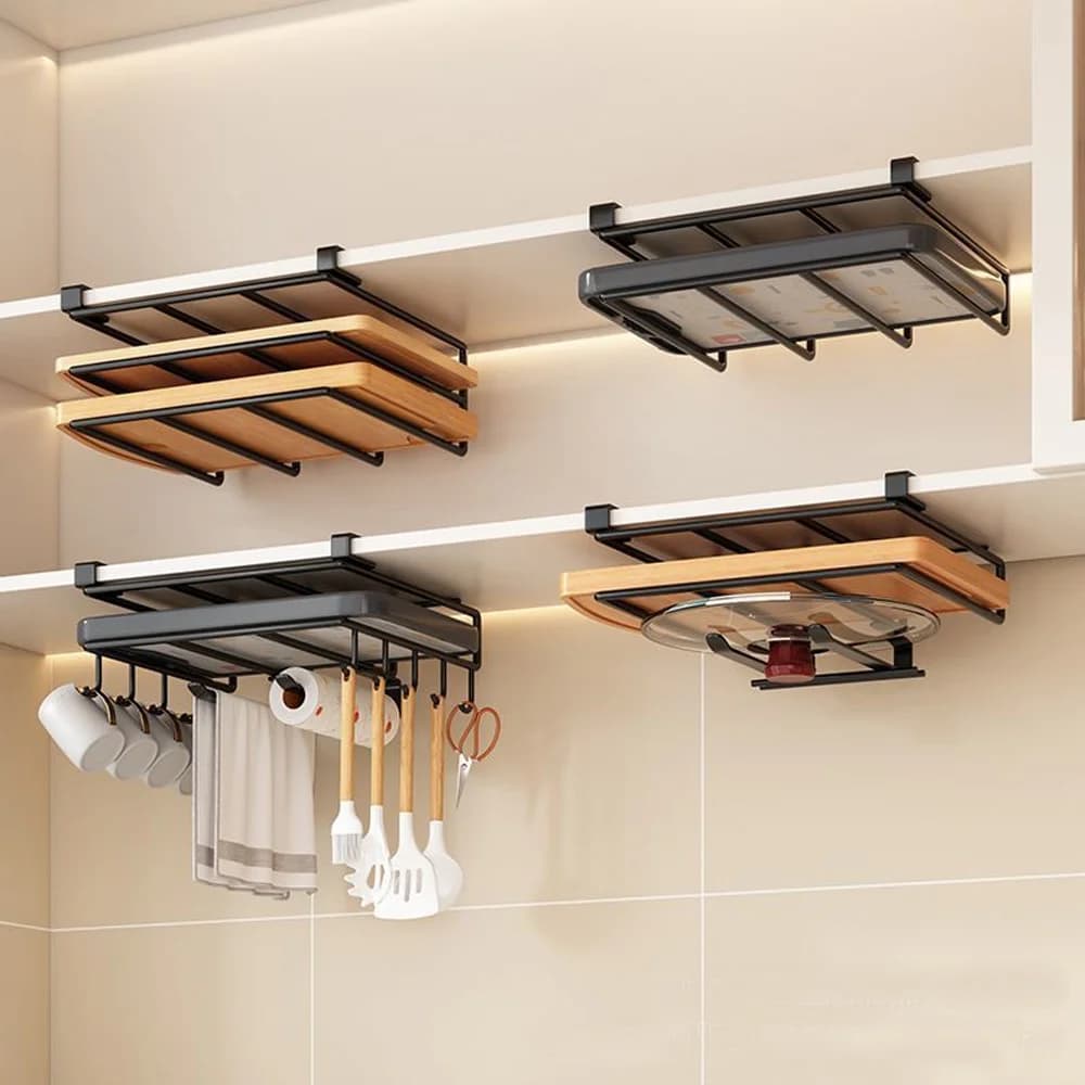 Scaffale per organizer da appendere sotto l'armadio da cucina con ganci Supporto multiuso per tagliere e coperchi per asciugamani di carta
