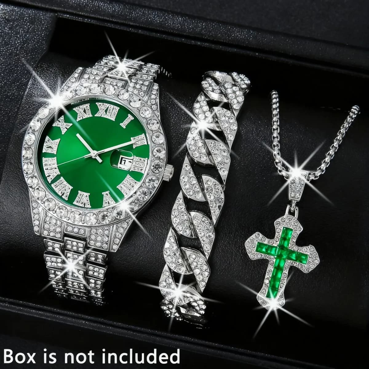 Set di 3 Pezzi di Lusso con Orologio da Uomo, Bracciale e Collana con Diamanti, Orologio al Quarzo con Calendario per Uomo, Stile Hip Pop (Senza Scatola)