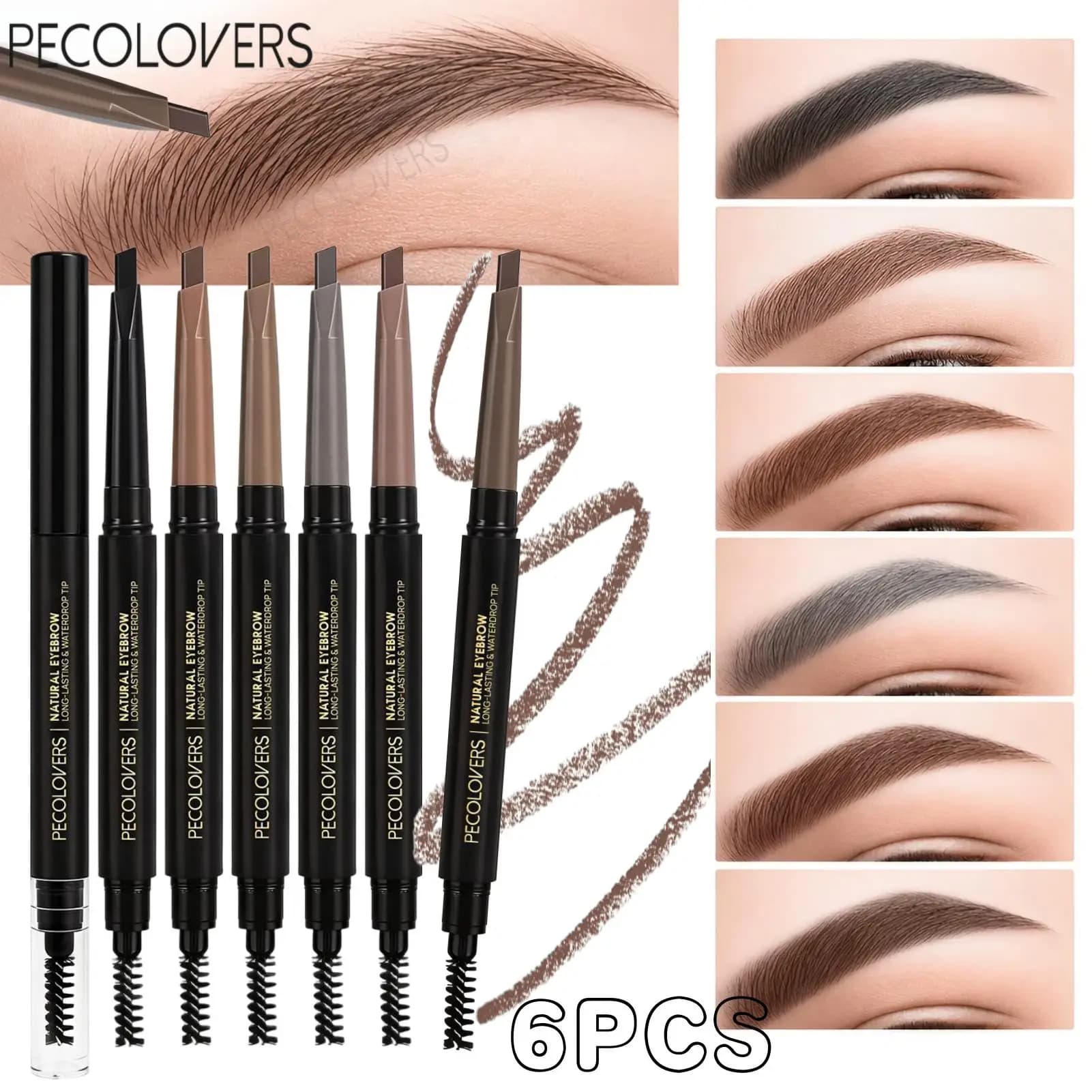 6PCS/SET Dual-ended Eyebrow Pencil with Spoolie, Long-wearing Smudge-proof, Rich Even Color, Natural 3D Brows for Daily