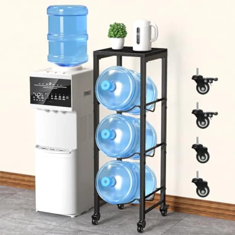 Portabottiglie per Acqua da 5 Galloni, Organizzatore a 3 Livelli con Ruote Bloccabili, Scaffale di Stoccaggio Resistente con Dispenser e Piano in Legno S