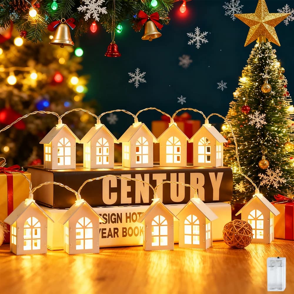 1pc luci della stringa delle fate della casa in legno, luci della casa in legno della lampada della ghirlanda di Natale alimentate a batteria da 2M 10 LED