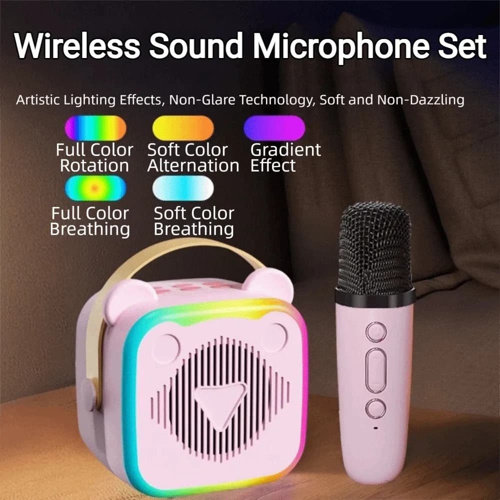 Mini Macchina Karaoke Portatile con Microfoni Wireless Bluetooth, Ricarica USB e Ingresso Auricolari da 3.5mm - Durevole