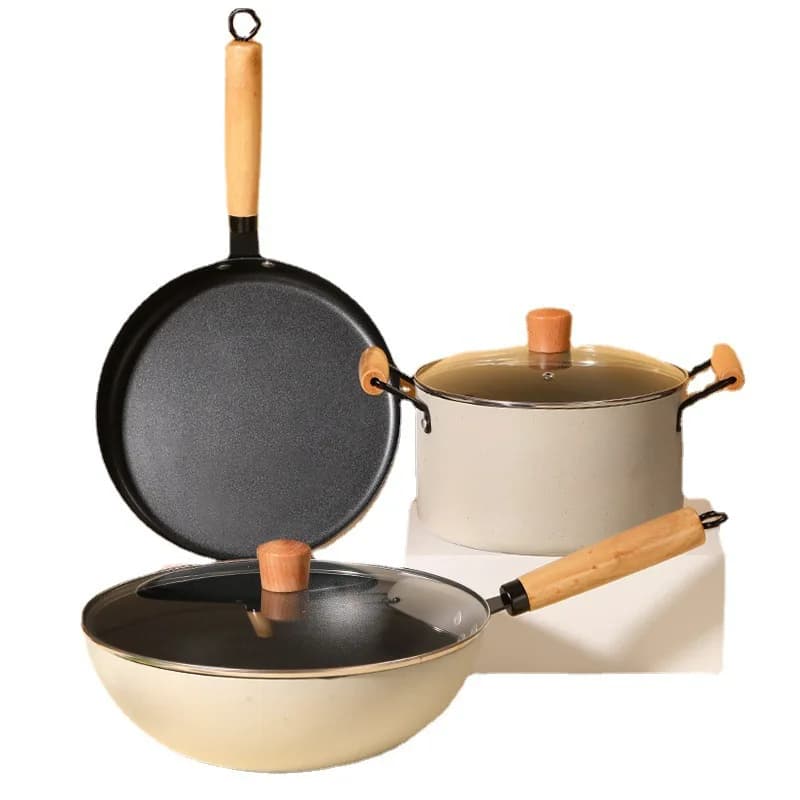 Set di pentole per uso domestico in tre pezzi Wok in pietra medica antiaderente Padella Pentola per zuppa Fornello a gas compatibile senza fumo
