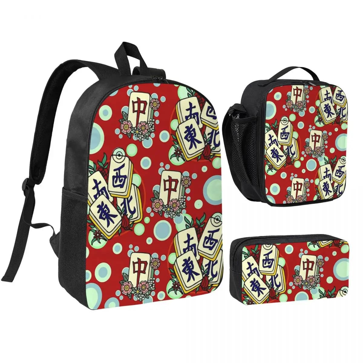 Zaino con motivo Mahjong per ragazzi e ragazze, borsa per libri, borsa a tracolla, set da 3 pezzi con borsa termica per il pranzo e astuccio.