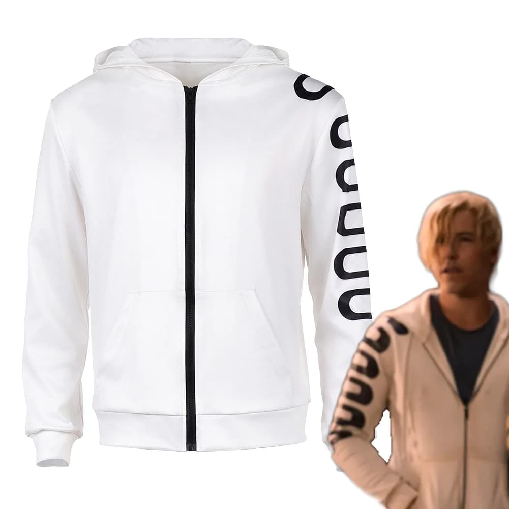 Costume Cosplay Sanji Pirata 2, Giacca Bianca con Cappuccio, Abbigliamento per Adulti, Outfit per Halloween e Feste in Maschera