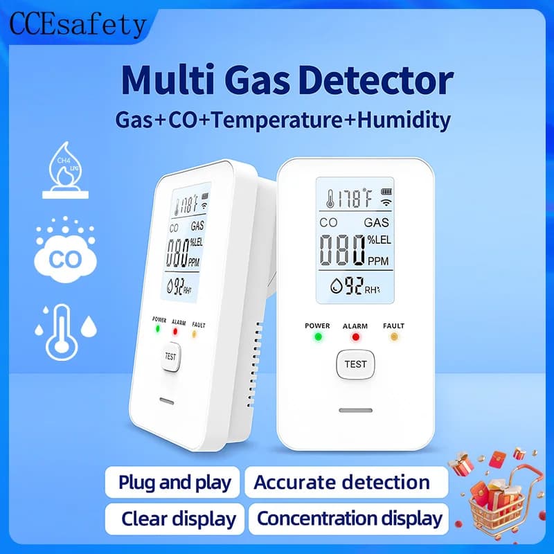 Rilevatore di Gas 4 in 1: Rilevatore di Monossido di Carbonio (CO) e Gas Naturale, Allarme Gas con Temperatura e Umidità per Casa, Camper e Viaggi