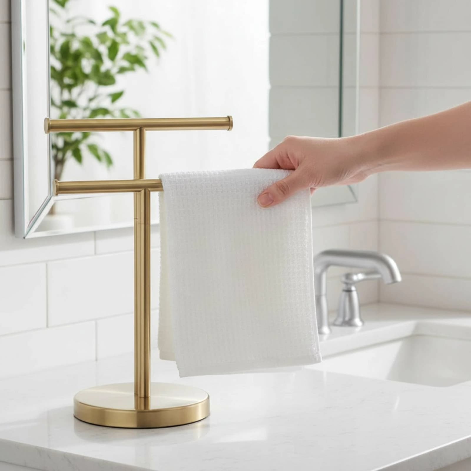 Double Bar Towel Stand Rust Resistant Cross-Shaped Towel Stand Space Saving Stable Base for Hotel