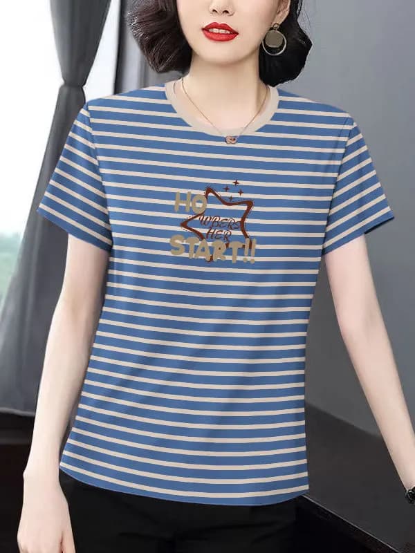 Slimming Stripe Short Sleeve T-Shirt Women's Loose Fit Midlife Fashion Summer New Style Versatile Mom Appropriate Age Reduction