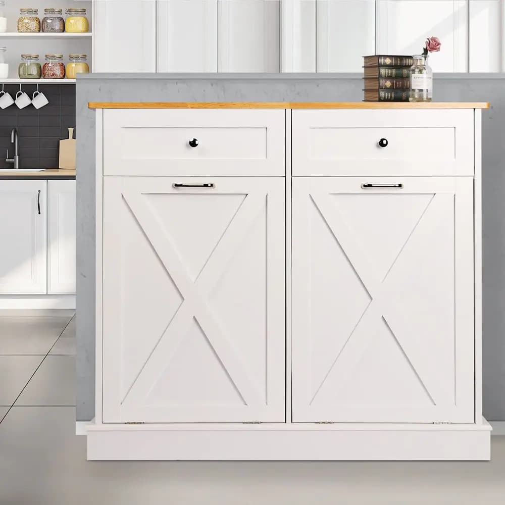 Mobiletto per Rifiuti in Stile Rustico, Doppio Contenitore Ribaltabile con Porta Scorrevole, Piano in Legno Massello, Resistente agli Animali Domestici, Anti-Odore