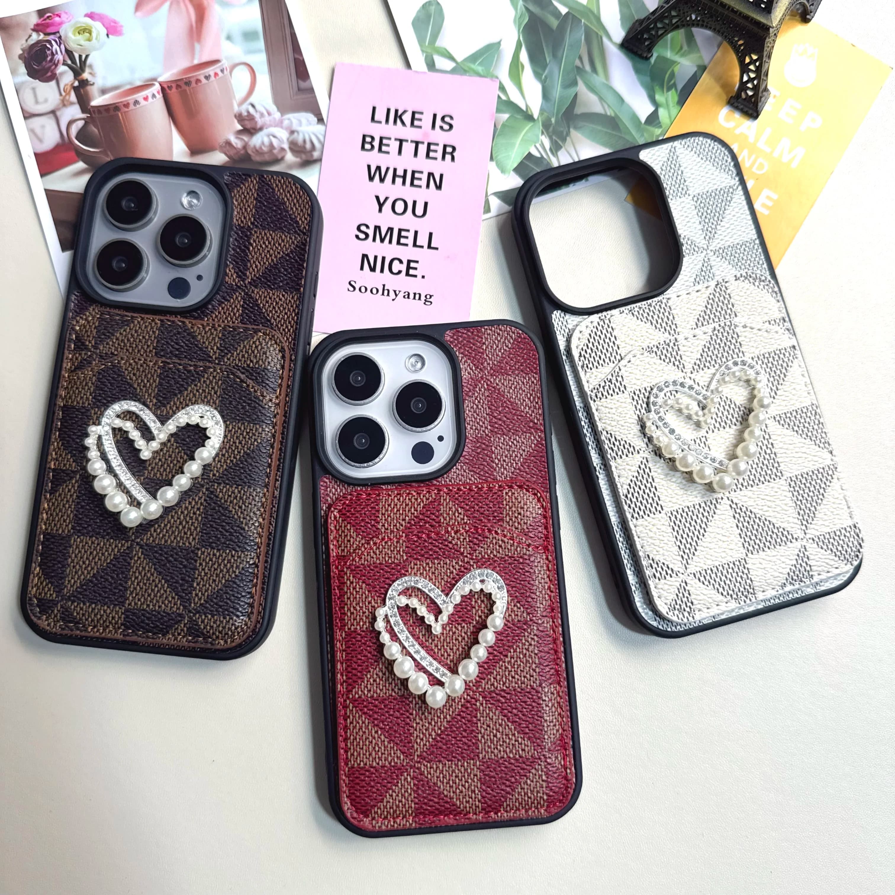 Heart with pearls Clip PU leather Case For IPhone 17 16 15 14 Phone Cover 18 17 16 15 14 13 Pro MAX Hard Shockproof Back Funda