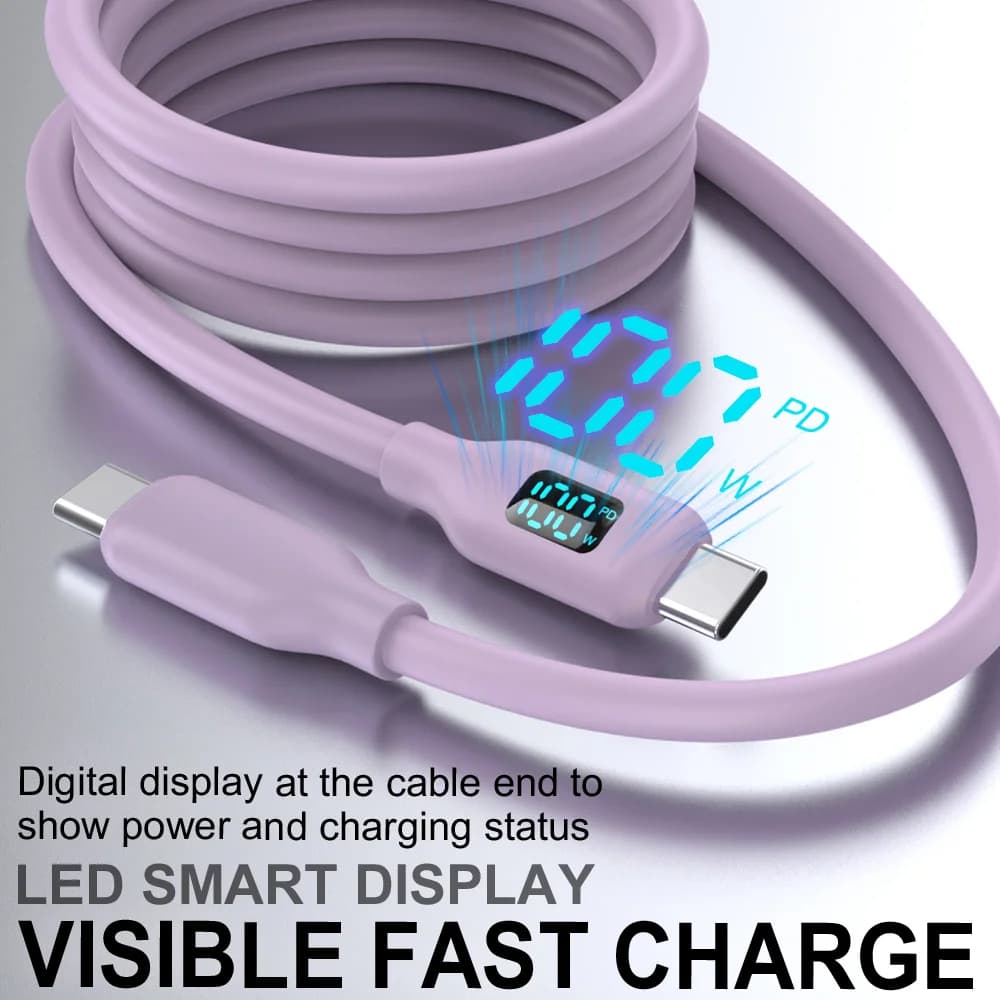 1PC 100W USB C Fast Charging Cable Super Flexible Silicone Charger Cable Purple for Phone Tablet Laptop