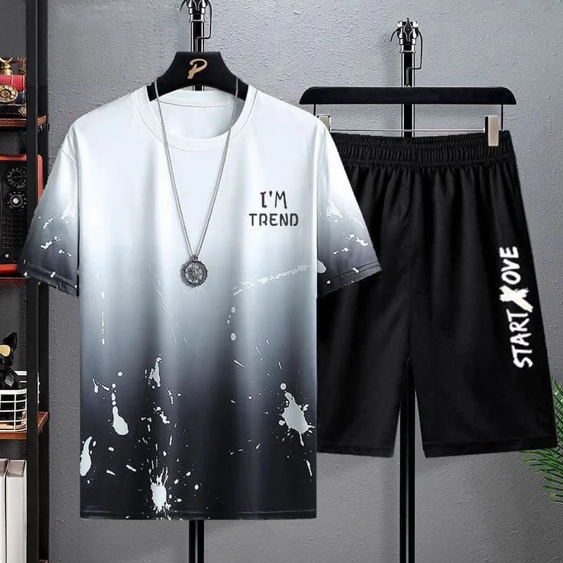 Summer New Ice Silk Gradient Set Men's Short Sleeve T-Shirt Large Size Casual Shorts Sport Two-Piece Set Stylish Men's Wear