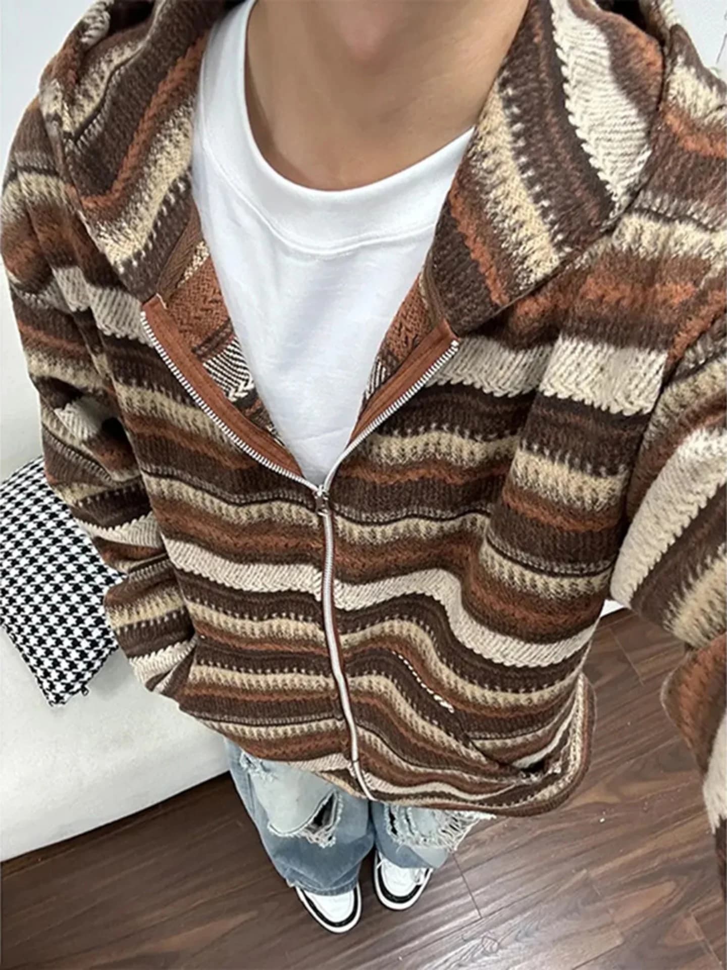 American Retro Knitted Cardigan Hoodie Men's Winter Lazy Style Heavyweight High Cotton Striped Hooded Jacket Loose Fit Leisure