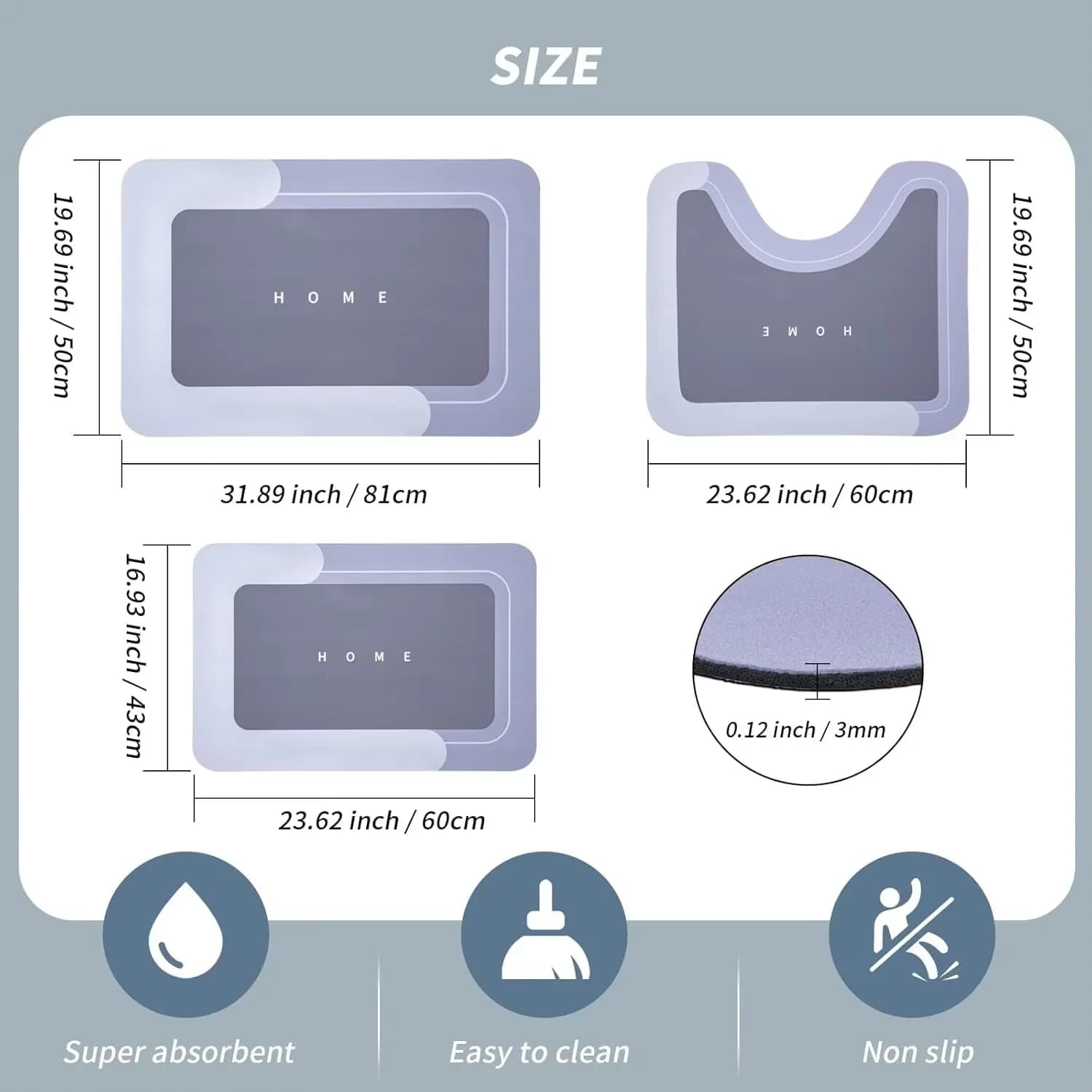 VIKAMA Set of 3 Bathroom Mats in U Shape Diatomite, Luxurious and Absorbent, Anti-slip, Drenante Mat