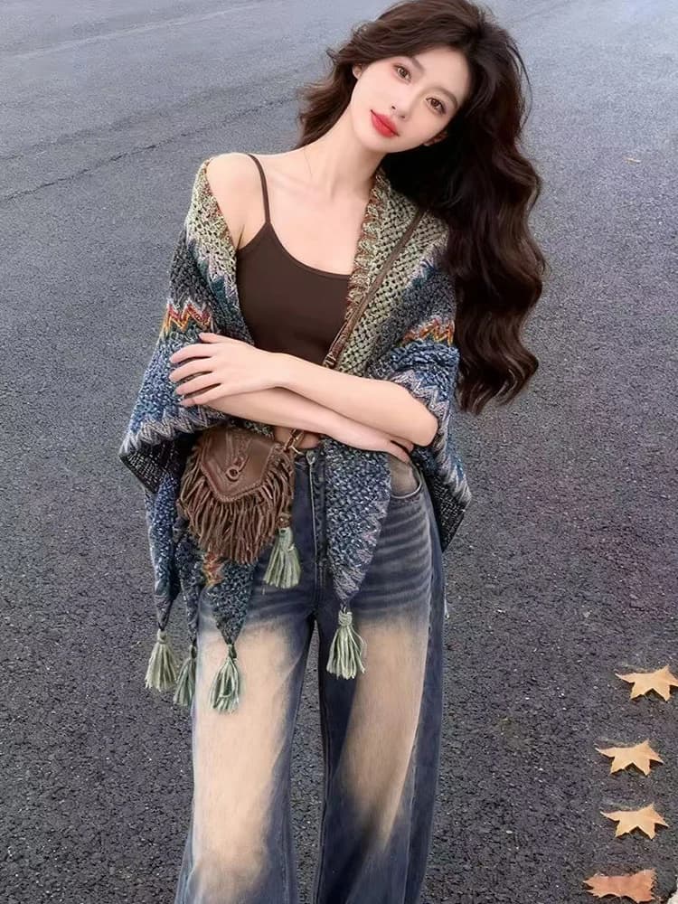 Spring Travel Vintage Style Women's Wide Leg Jeans Knitted Tassel Coat Ensemble High Waist Knitted Top Halter Vest Set