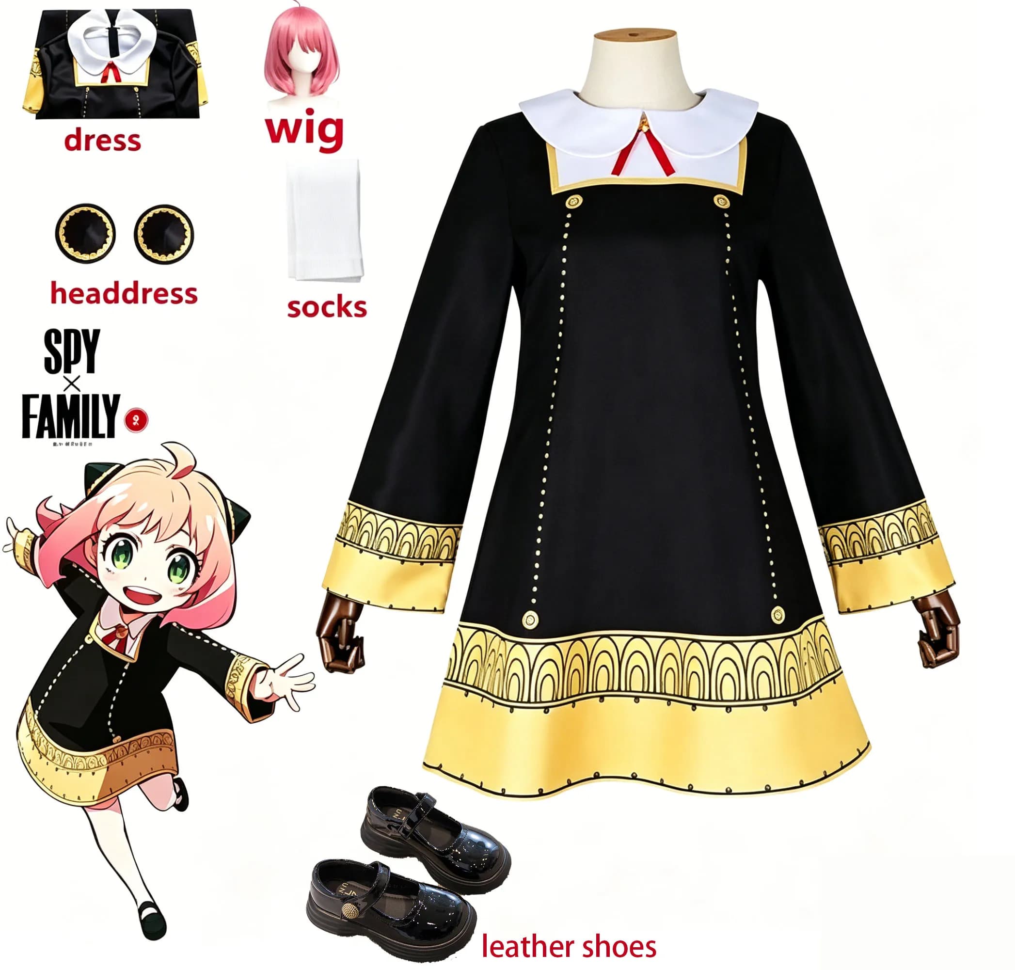 Spy X Family Anya Forger Cosplay Costume Black School Uniform Dress Wig Socks Headdress Shoes Full Set Halloween Outfit