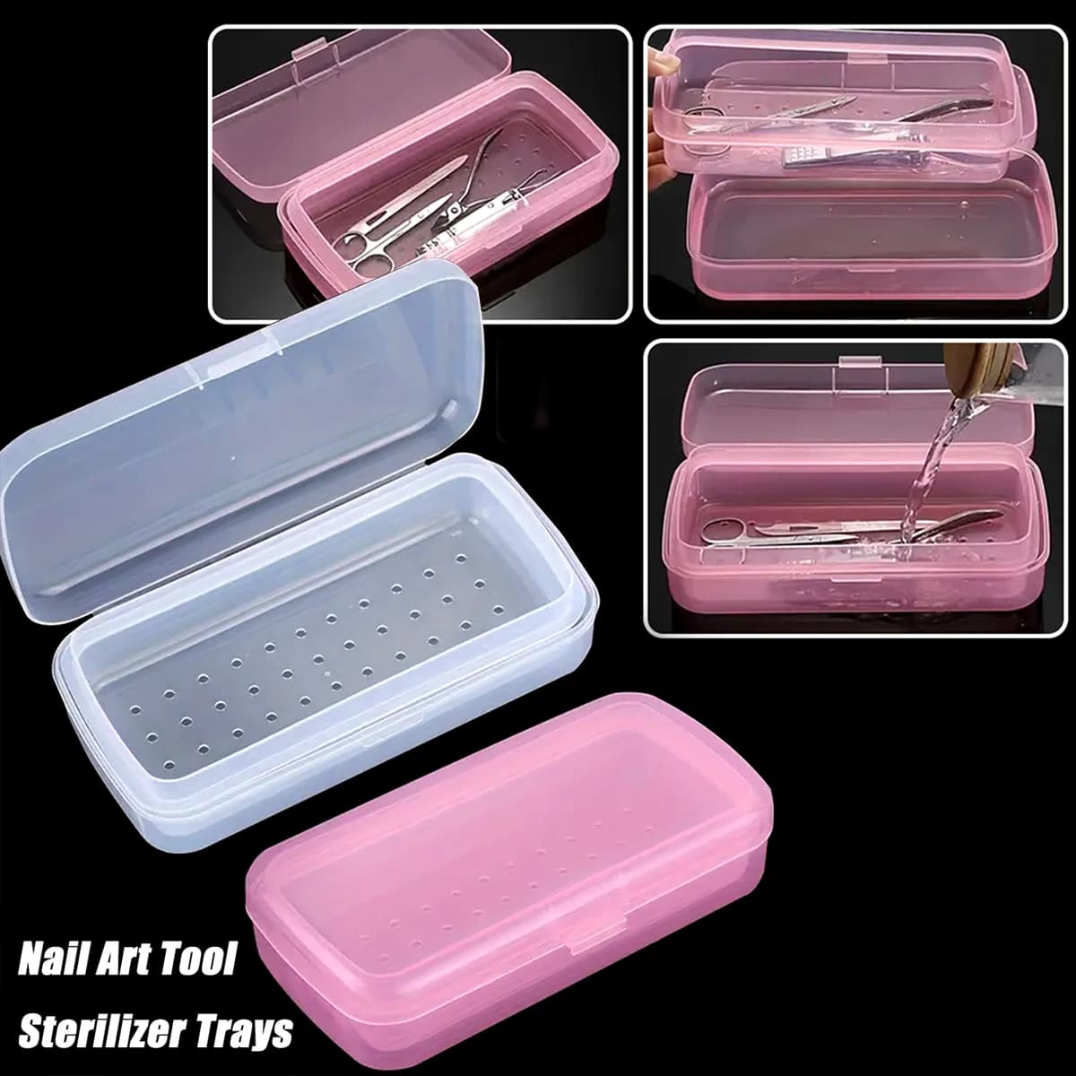 Scatola portatile per la disinfezione del salone di bellezza, vassoio trasparente rosa per la disinfezione, scatola di sterilizzazione senza batteria, adatta per strumenti per nail art.