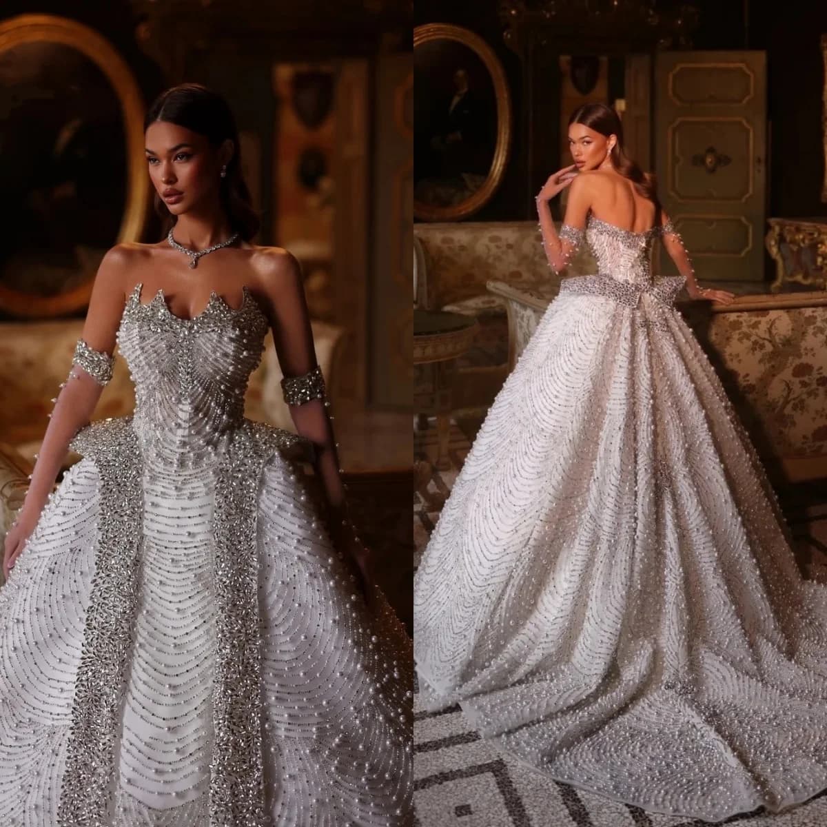 Abiti da Sposa di Lusso con Cristalli e Perle, Vestiti da Sposa Senza Spalline, Abiti da Principessa con Strascico Personalizzati