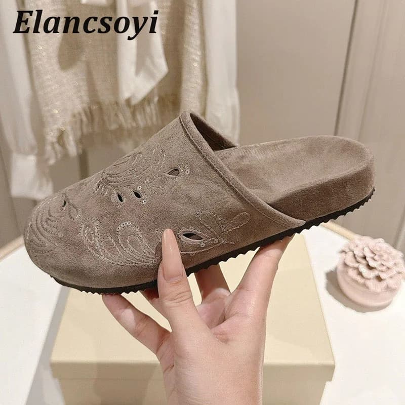 Lazy Mules Shoes Women's Embroidery Sequins Suede Hollow Outs Thick Bottom Casual Shoes Spring Autumn Closed Toe Half Slippers