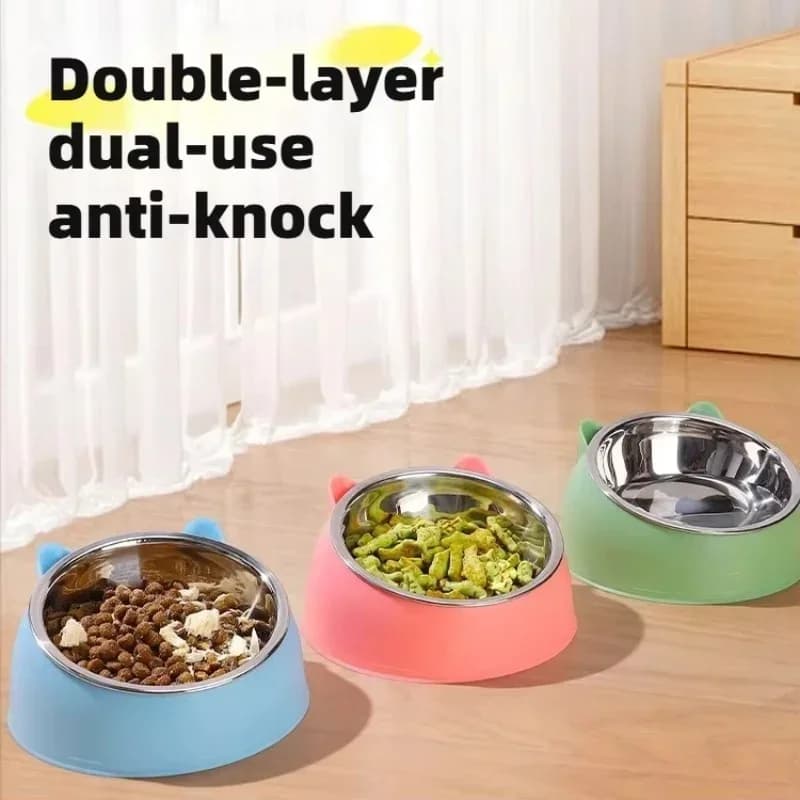 Bowl for Cats 2 in 1 Stainless Steel with Support - Design for Cute Earrings, Inclined Bowl for Food and Water, High-slip Bowl for Domestic Animals