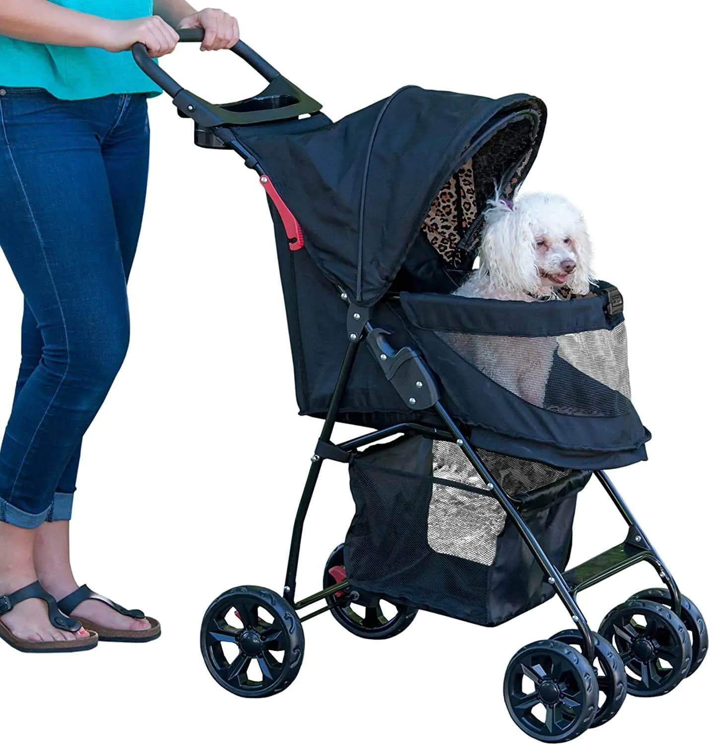 Passeggino per Animali Domestici Senza Cerniera per Gatti/Cani, Facile da Piegare, Fodera Rimovibile, Cintura di Sicurezza, Vano Portaoggetti e Portabicchieri, 3 Colori
