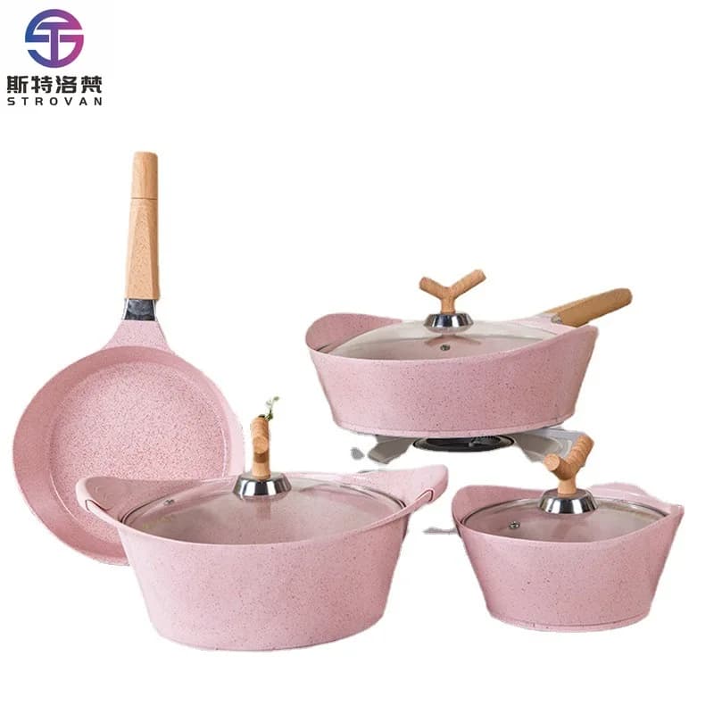 Set di pentole antiaderenti in alluminio da 15 pezzi in pietra medica Set di pentole per zuppa da cucina Set di padelle per latte con coperchio in vetro