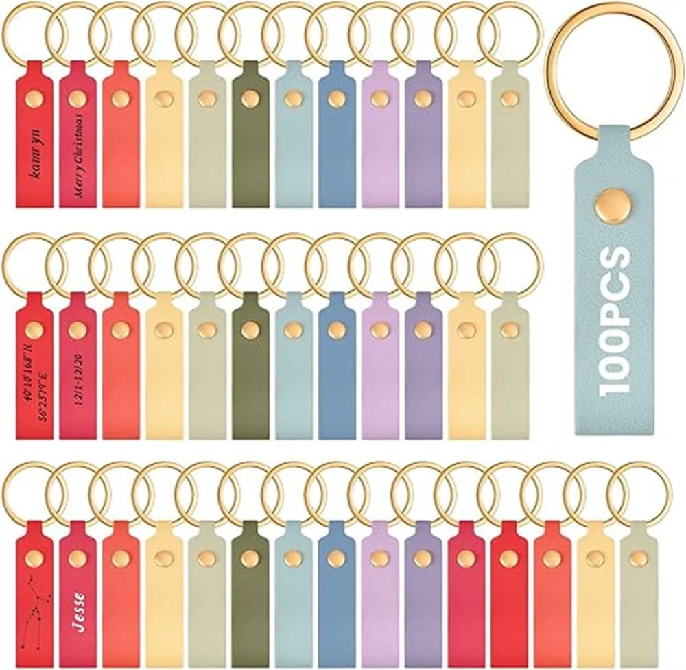 50/100 Pezzi Portachiavi in Pelle PU, Kit per Incisione Laser con Anelli per Creazione Personalizzata di Portachiavi Fai-da-Te