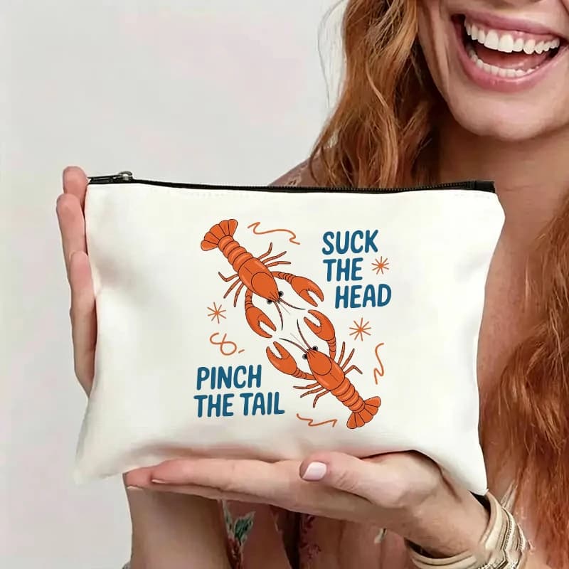 Crawfish Slogan Graphic Print Travel Toiletry Zipper Pouch Funny Seafood Pencil Case Cosmetic Makeup Bag Desk Organizer