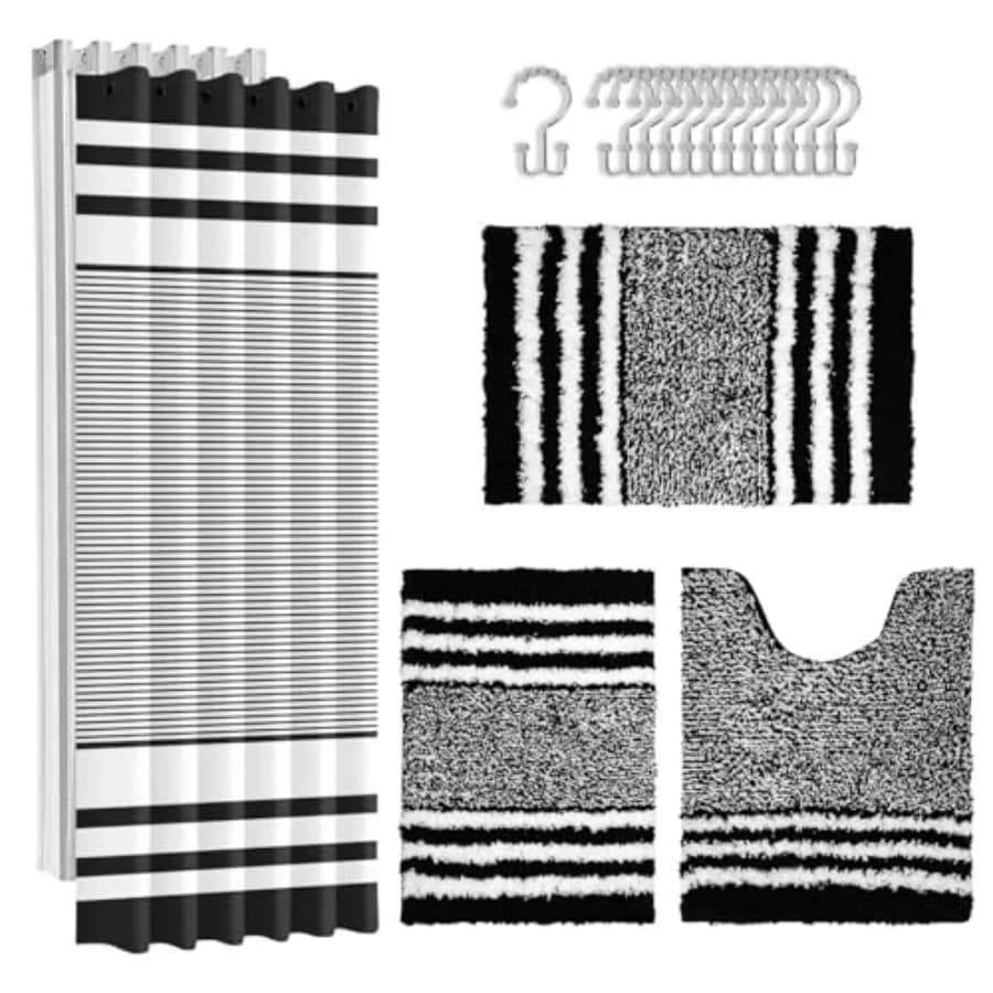 Set da Bagno con Strisce Nere, Tenda Doccia e Tappetini, Tenda Doccia Impermeabile Minimalista Moderna con Strisce Sfumate e S