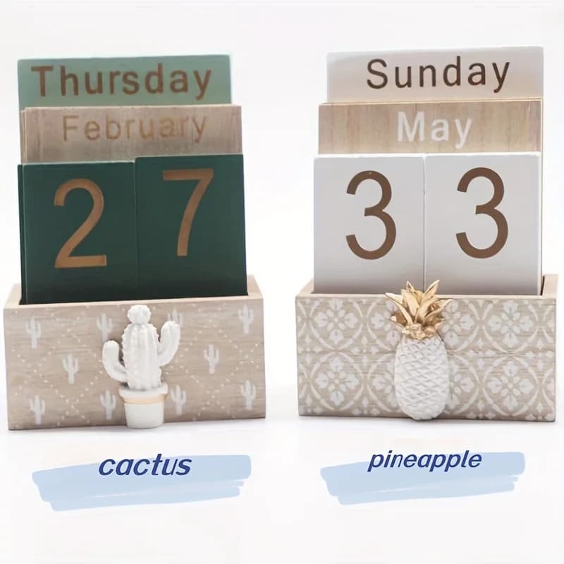 Calendario da tavolo perpetuo in legno con decorazioni di cactus o ananas, decorazioni da tavolo per ufficio, blocchi per il conto alla rovescia per l'uso quotidiano