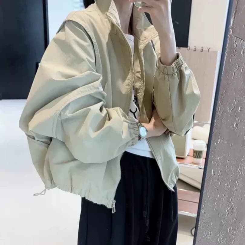 Korean Style Simple Zipper Jacket 2026 Spring Fashion Retro Design All-Match Minimalist Coat for Women Regular Length