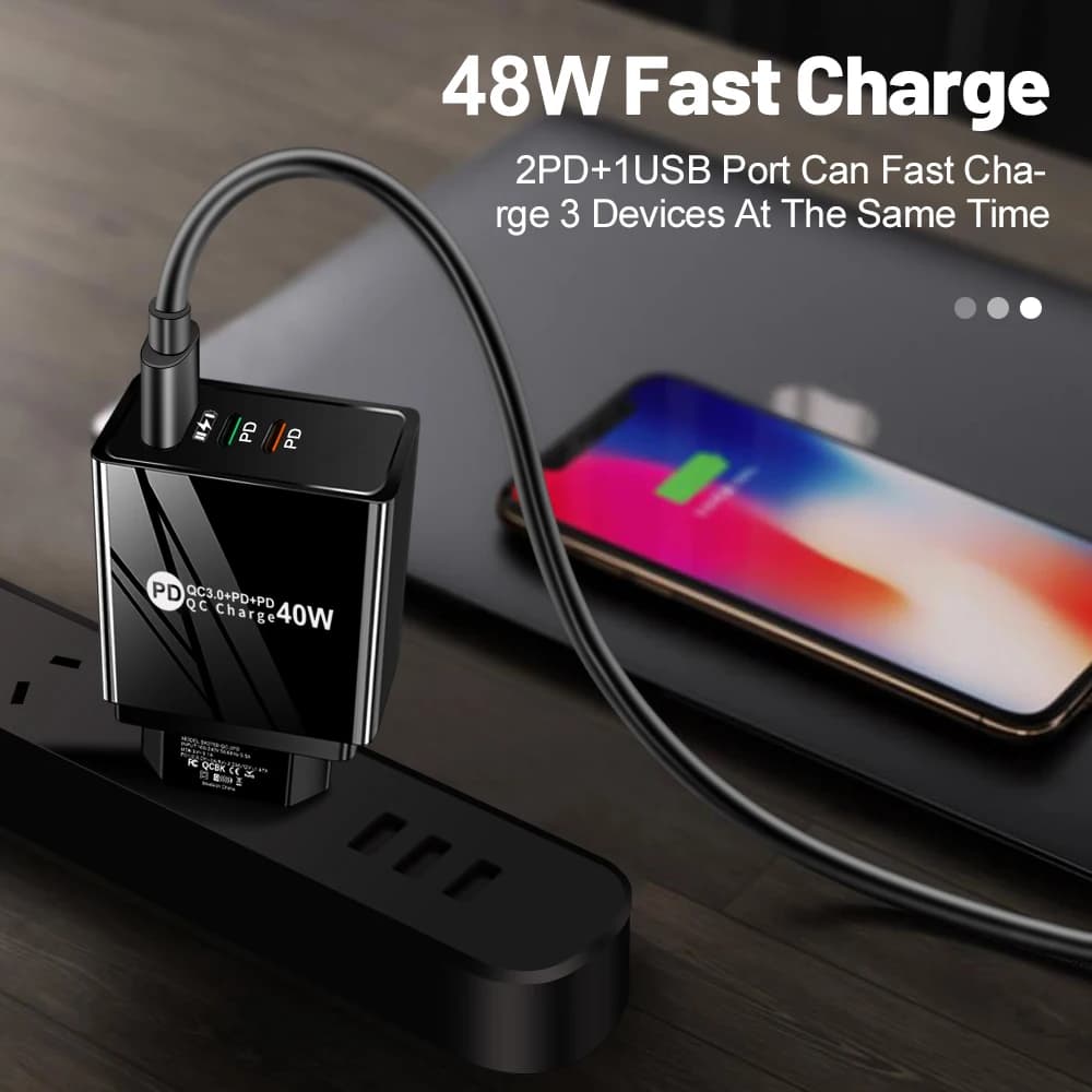 Caricatore Rapido PD 40W a 3 Porte USB C QC3.0 per iPhone 15 Pro Max Xiaomi 15 17 Samsung Galaxy Adattatore da Muro con Spina EU/US