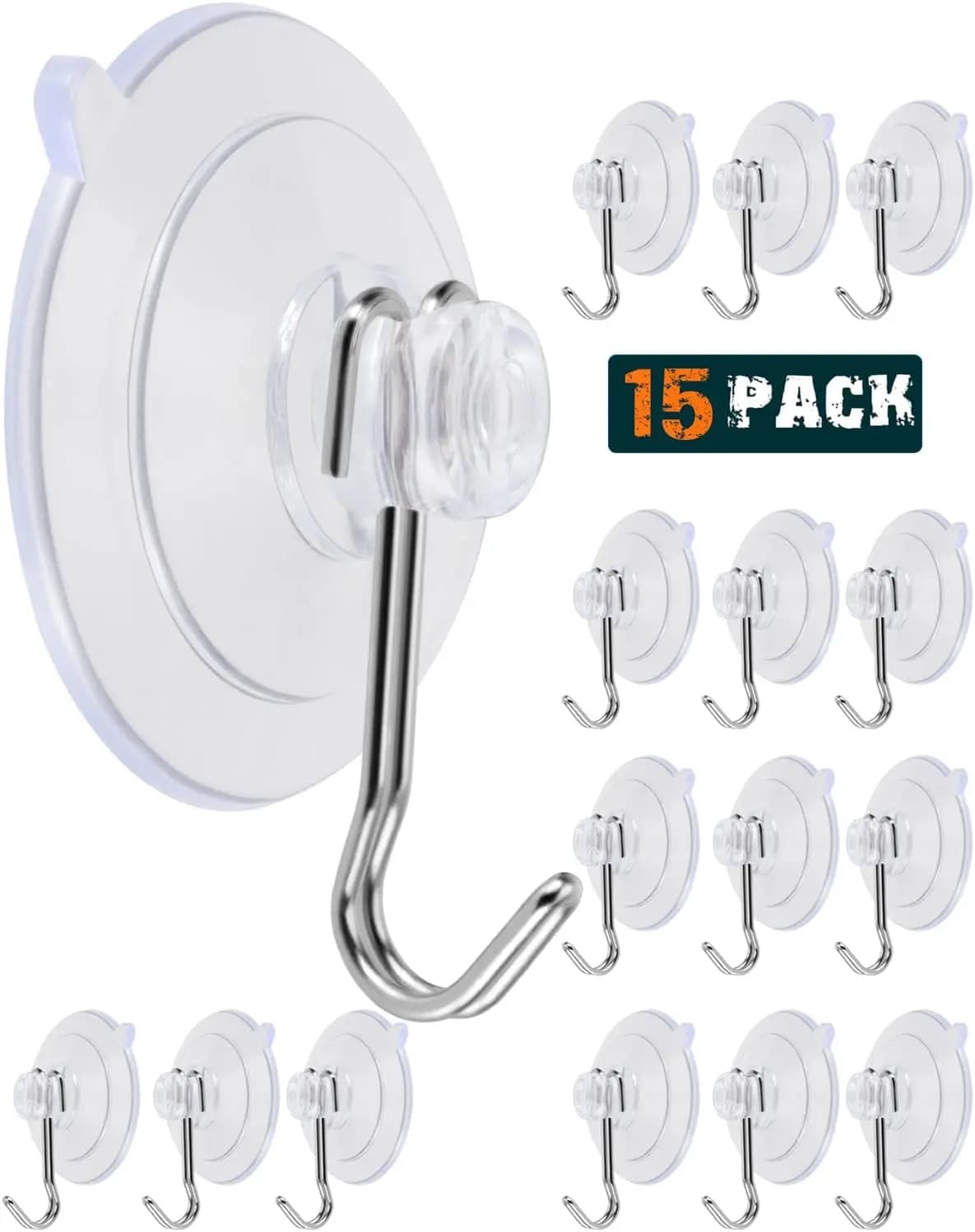 Transparent PVC Suction Cup Hooks for Glass Windows, Mirrors, Doors, Tiles, 15 Pack - Removable & Reusable