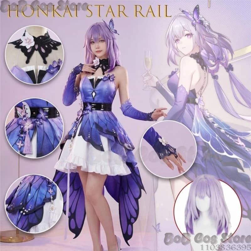 Honkai Star Rail Castorice Dreamy Butterfly Cosplay Dress Set Anime Game Same Style Gradient Tulle Skirt Bow Headwear Role Play