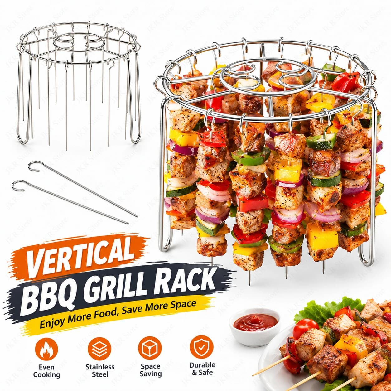 Vertical BBQ Skewer Stand Stainless Steel Round Grill Rack with Hanging Skewers for Air Fryer Barbecue Camping Cooking