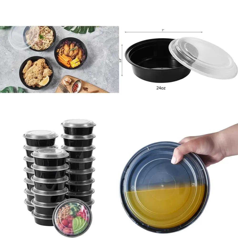 Contenitori rotondi da 24 oz (150 pezzi) per la preparazione dei pasti con coperchi, contenitori per il pranzo in plastica portatili, ciotole monouso da asporto, neri