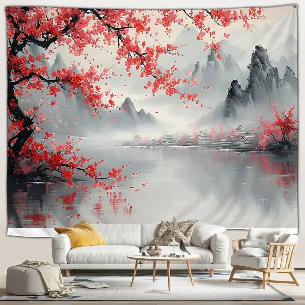 Japanese Scenery Tapestry Pink Cherry Blossom Flowers Misty Landscape Chinese Architecture Living Room Bedroom Decor Wall Hangin