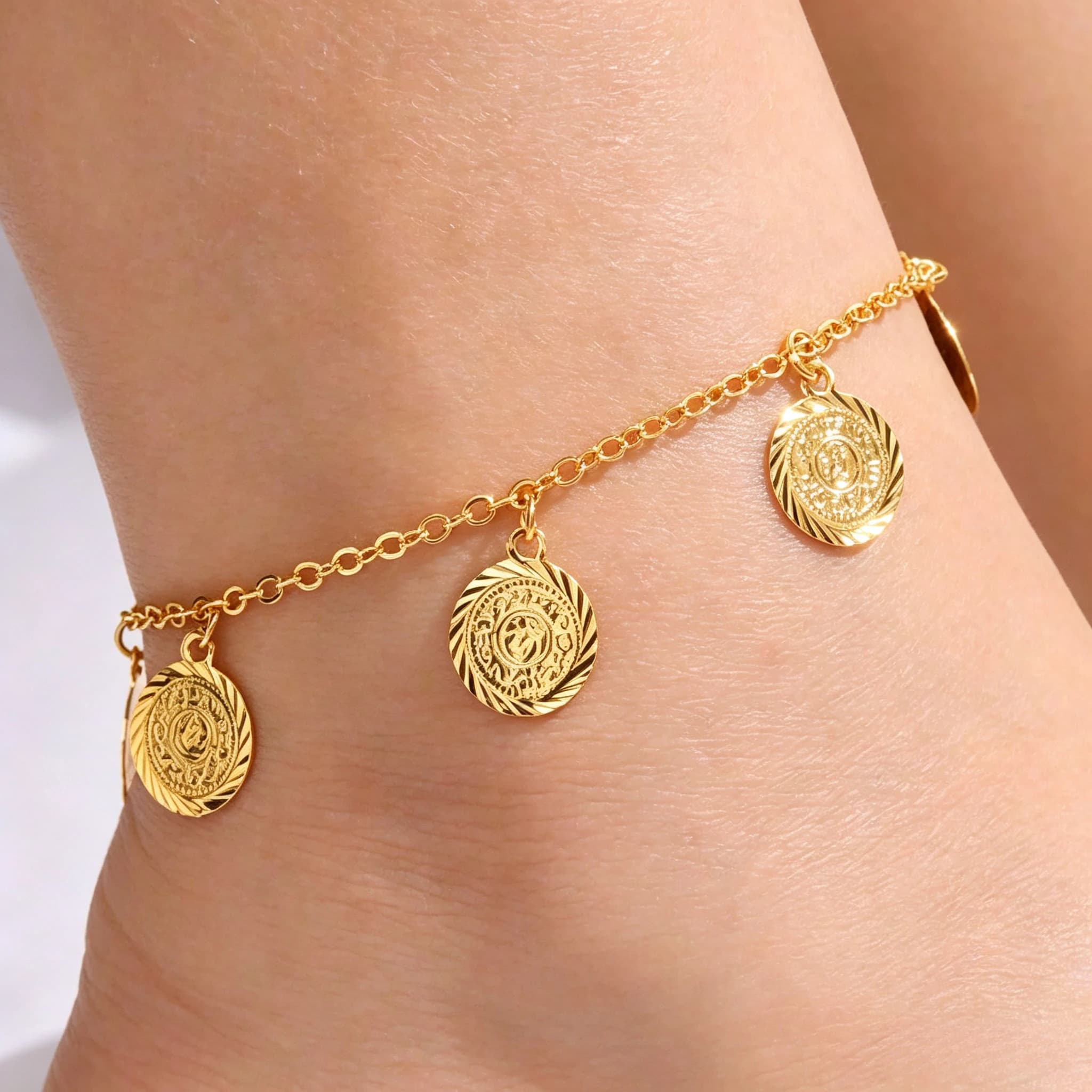Vintage Embossed Coin Charm Anklet Gold Plated Multi Round Medallion Pendant Chain Ankle Bracelet