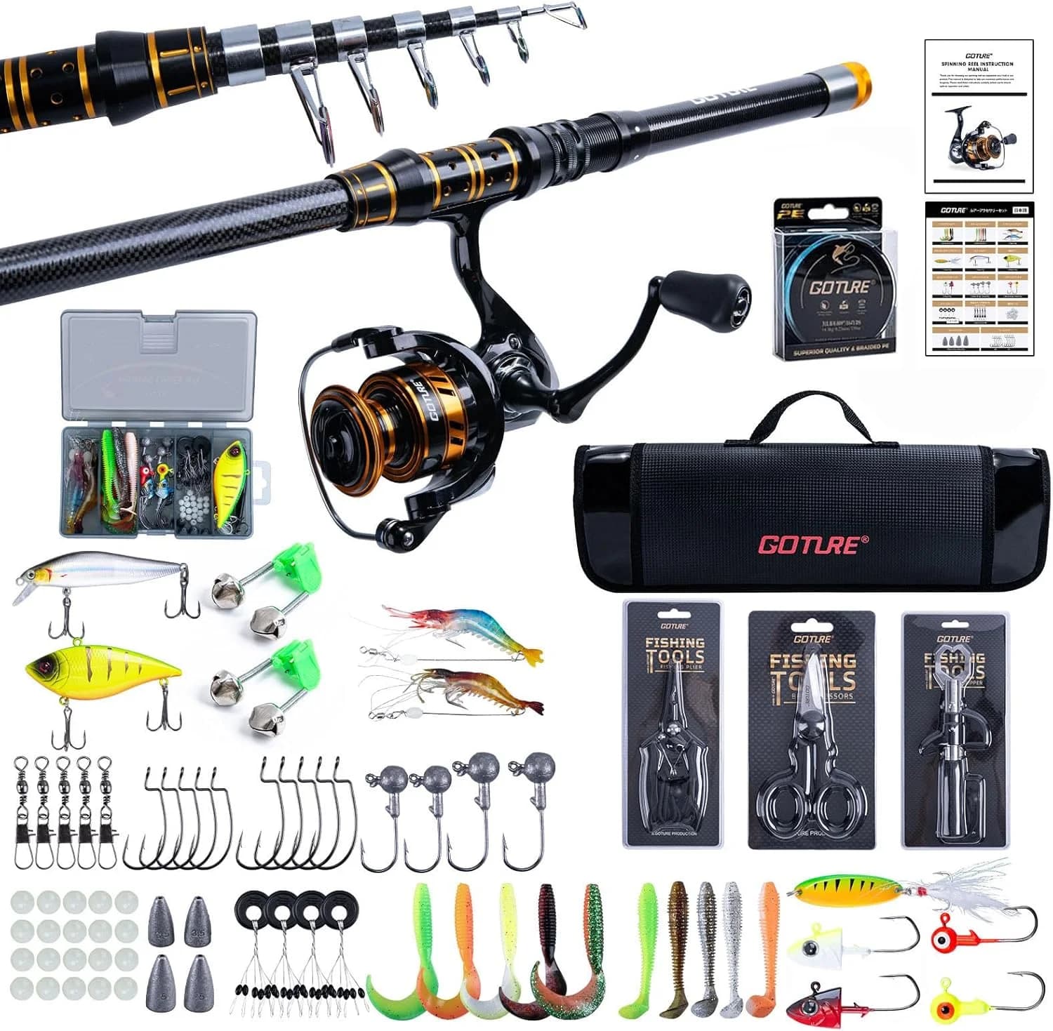 Combo Canna da Pesca Professionale Goture 1.8M-2.7M, Canna Telescopica, Mulinello Spinning 5.2:1, Esche, Borsa Porta Attrezzi per Pescatori