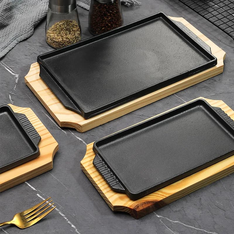 Cast Iron Teppanyaki Grill Plate Rectangle Wooden Base Steak Fish Barbecue Pan Commercial Home Use