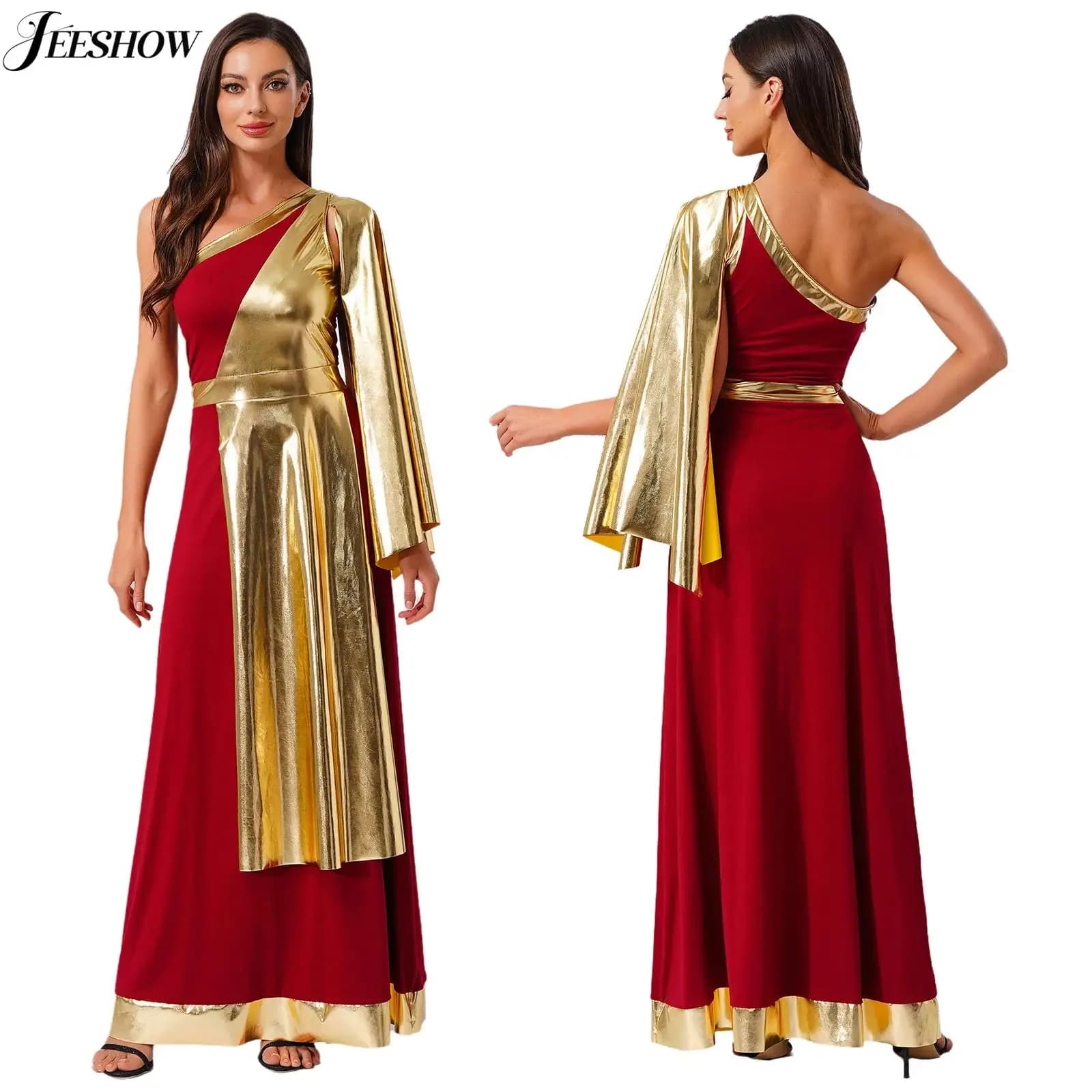 Abito tunica greca antica da donna Costume cosplay di bellezza romana di Halloween Abito toga senza maniche con drappeggio metallizzato lucido