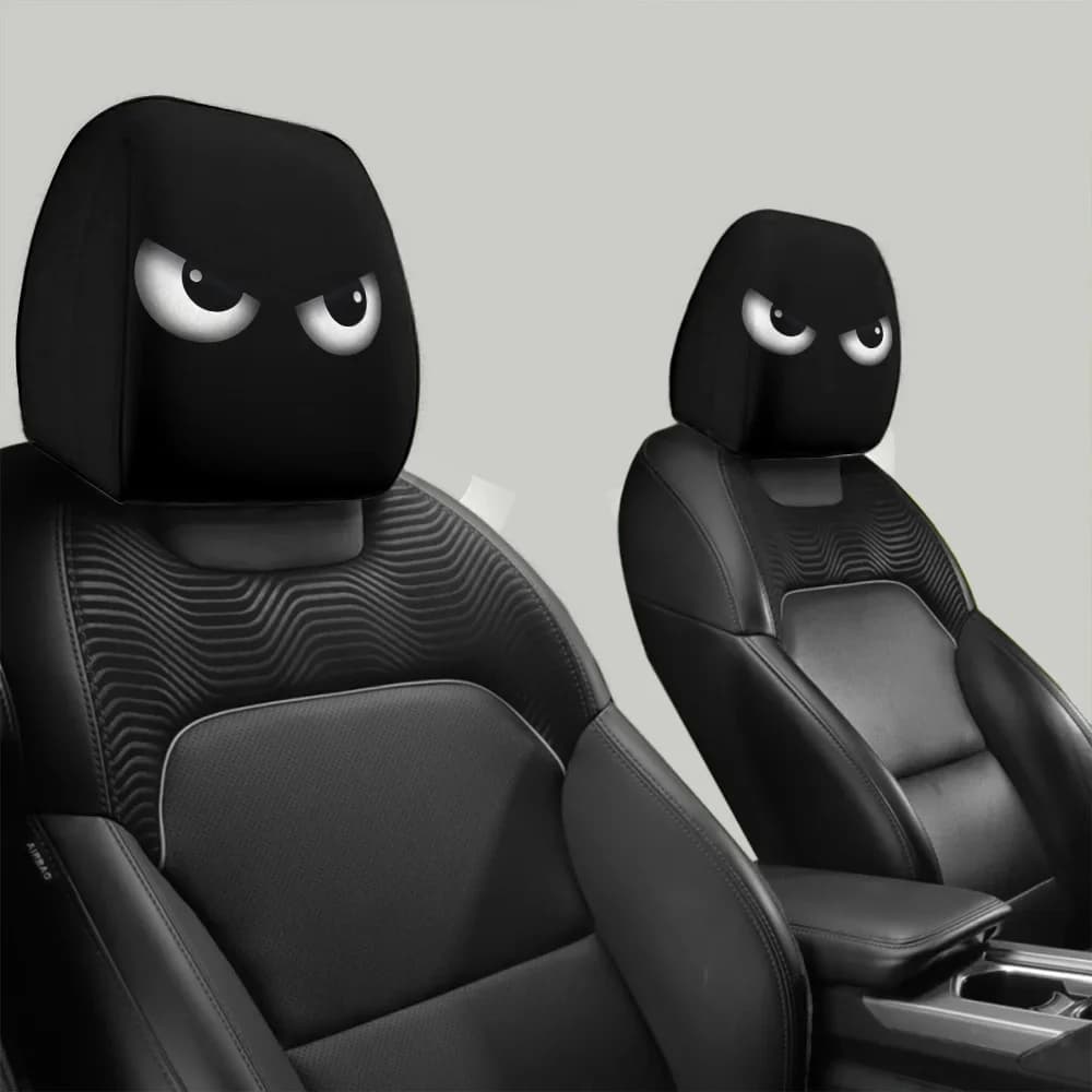 2 fun headrest covers for cars with tilted eyes, elastic face protection for Halloween cartoons, Christmas, holiday car decorations